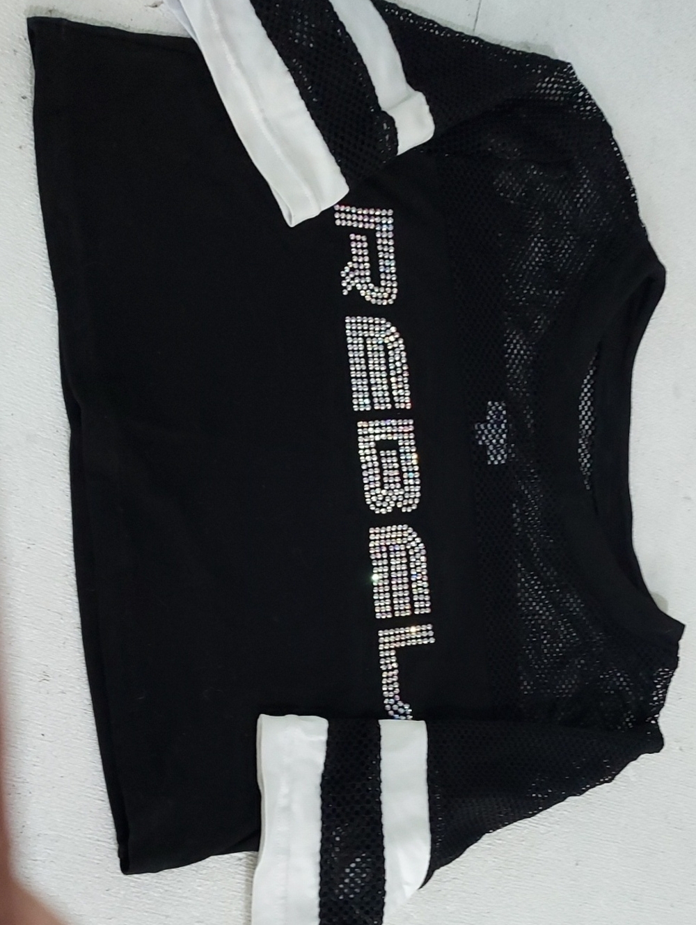 Black Kids Short Sleeve Tee with Rhinestone 'REBEL' and Mesh Trim